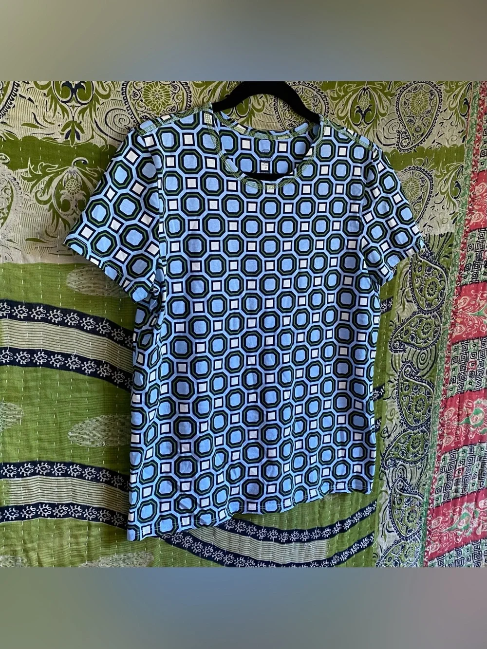 Tory Burch Louis Blue/ White/ Green Geometric Print Cotton T-Shirt Size Medium